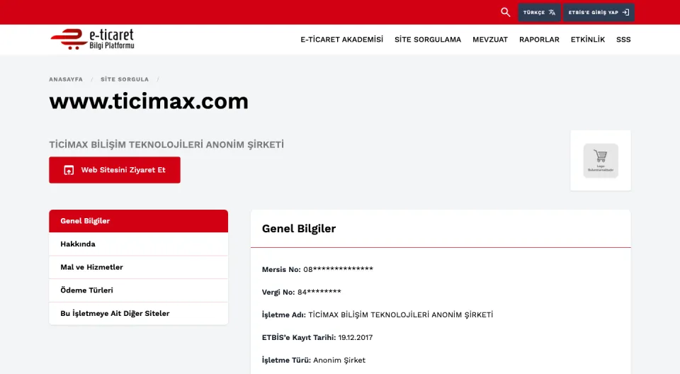 ETBİS resmî sorgusu: ticimax.com, TİCİMAX BİLİŞİM TEKNOLOJİLERİ ANONİM ŞİRKETİ, kayıt tarihi 19.12.2017 (ekran görüntüsü, 10 Ekim 2026)