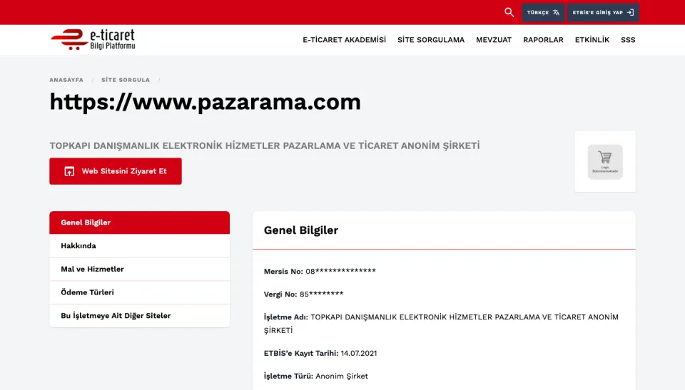 ETBİS resmî sorgusu: pazarama.com, TOPKAPI DANIŞMANLIK ELEKTRONİK HİZMETLER PAZARLAMA VE TİCARET ANONİM ŞİRKETİ, kayıt tarihi 14.07.2021 (ekran görüntüsü, 10 Ekim 2026)