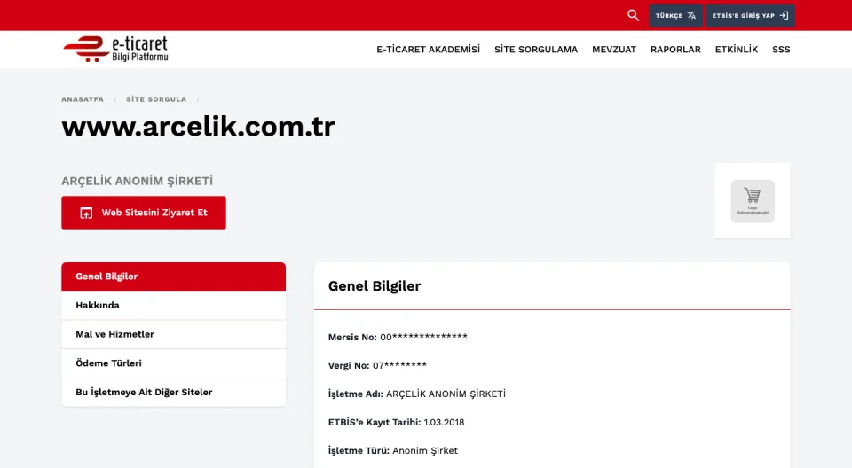 ETBİS resmî sorgusu: arcelik.com.tr, ARÇELİK ANONİM ŞİRKETİ, kayıt tarihi 1.03.2018 (ekran görüntüsü, 10 Ekim 2026)