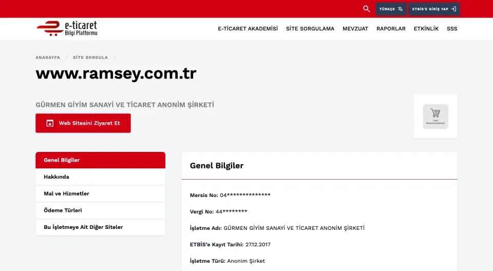ETBİS resmî sorgusu: ramsey.com.tr, GÜRMEN GİYİM SANAYİ VE TİCARET ANONİM ŞİRKETİ, kayıt tarihi 27.12.2017 (ekran görüntüsü, 10 Ekim 2026)
