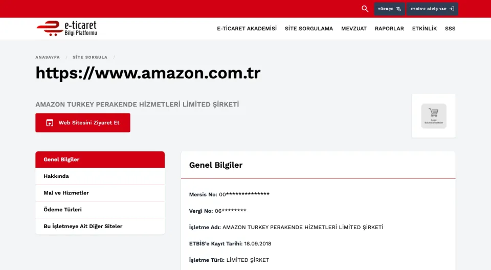 ETBİS resmî sorgusu: amazon.com.tr, AMAZON TURKEY PERAKENDE HİZMETLERİ LİMİTED ŞİRKETİ, kayıt tarihi 18.09.2018 (ekran görüntüsü, 10 Ekim 2026)