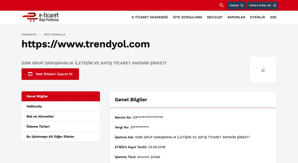 ETBİS resmî sorgusu: trendyol.com, DSM GRUP DANIŞMANLIK İLETİŞİM VE SATIŞ TİCARET ANONİM ŞİRKETİ, kayıt tarihi 23.09.2018 (ekran görüntüsü, 10 Ekim 2026)