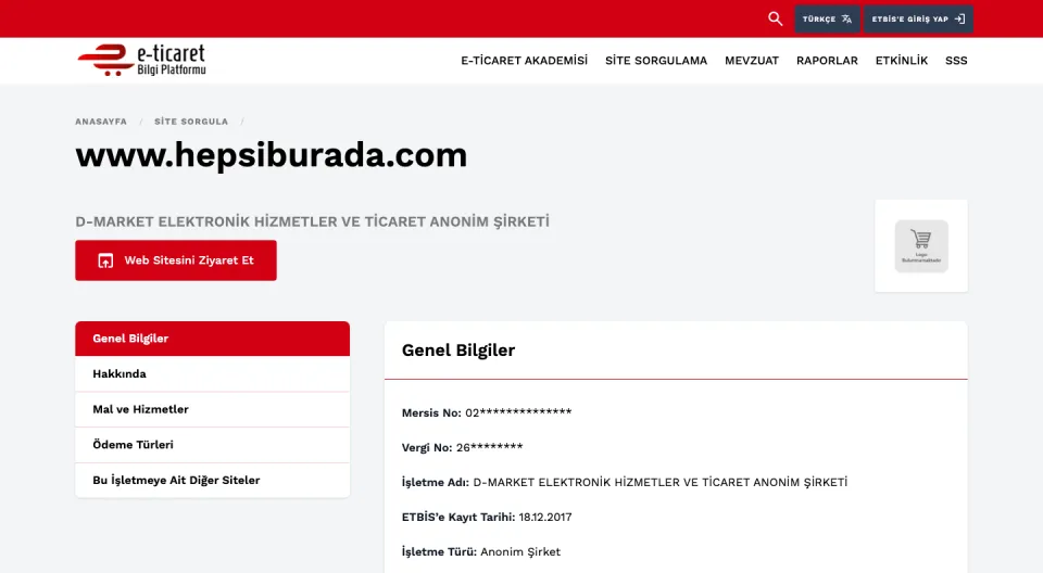 ETBİS resmî sorgusu: hepsiburada.com, D-MARKET ELEKTRONİK HİZMETLER VE TİCARET ANONİM ŞİRKETİ, kayıt tarihi 18.12.2017 (ekran görüntüsü, 10 Ekim 2026)