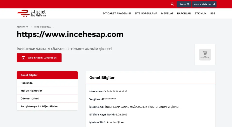 ETBİS resmî sorgusu: incehesap.com, İNCEHESAP SANAL MAĞAZACILIK TİCARET ANONİM ŞİRKETİ, kayıt tarihi 6.08.2019 (ekran görüntüsü, 10 Ekim 2026)