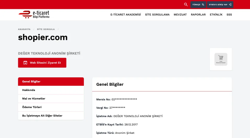 ETBİS resmî sorgusu: shopier.com, DEĞER TEKNOLOJİ ANONİM ŞİRKETİ, kayıt tarihi 28.12.2017 (ekran görüntüsü, 10 Ekim 2026)