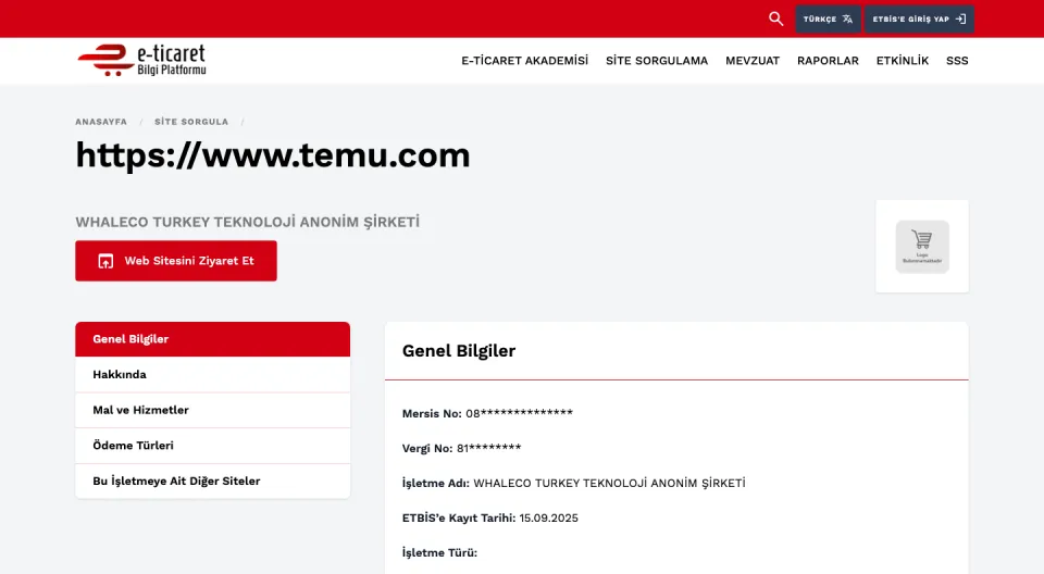 ETBİS resmî sorgusu: temu.com, WHALECO TURKEY TEKNOLOJİ ANONİM ŞİRKETİ, kayıt tarihi 15.09.2025 (ekran görüntüsü, 10 Ekim 2026)