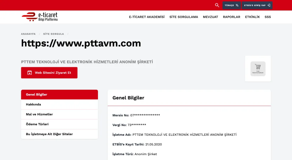 ETBİS resmî sorgusu: pttavm.com, PTTEM TEKNOLOJİ VE ELEKTRONİK HİZMETLERİ ANONİM ŞİRKETİ, kayıt tarihi 21.05.2020 (ekran görüntüsü, 10 Ekim 2026)