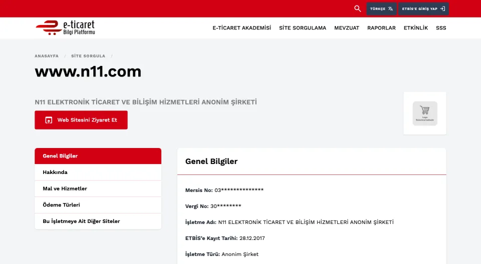 ETBİS resmî sorgusu: n11.com, N11 ELEKTRONİK TİCARET VE BİLİŞİM HİZMETLERİ ANONİM ŞİRKETİ, kayıt tarihi 28.12.2017 (ekran görüntüsü, 10 Ekim 2026)